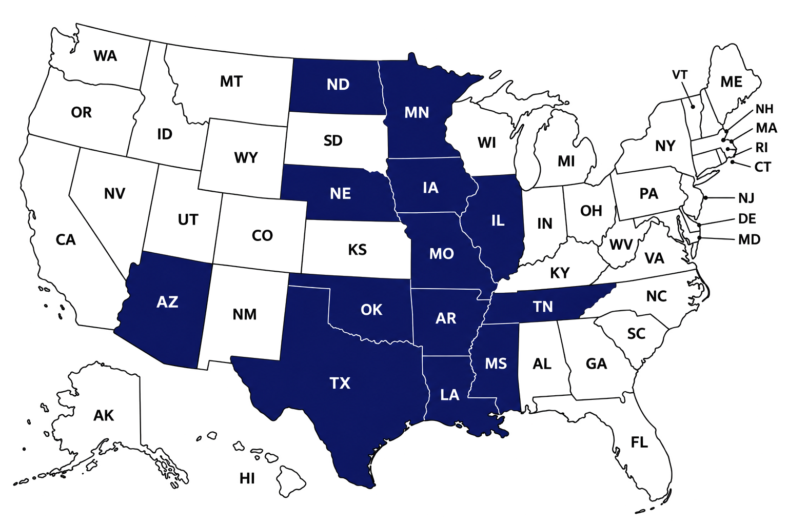 Map of the United States with licensed states highlighted